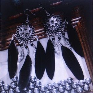 Womens Boho Hypoallergenic Western Silver and Blk Feather Beaded Dangle Earrings